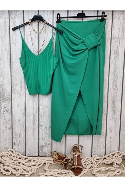 pudubutik Linen Textured Front Slit Green Skirt