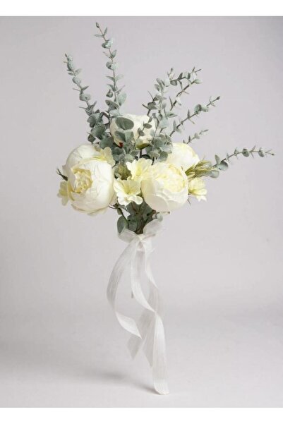 Nettenevime Yapay Çiçek Gelin Çiçeği Beyaz Şakayık Ve Okaliptus Gelin Buketi
