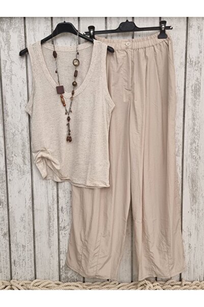 pudubutik Derin V Yaka Keten/Viskon Atlet Bej