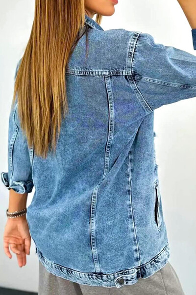 FashionForYou Geaca din denim SRI Lanka, cu perforatii multiple si aspect prespalat, Albastru