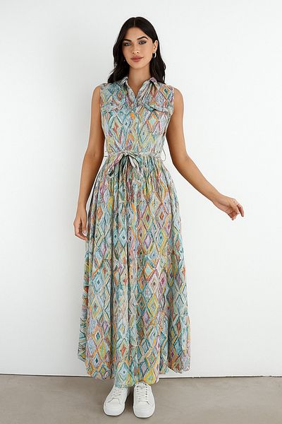 Suzi Geometric Pattern Multicolor Shirt Dress Cr1033