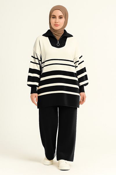 Sonbaharmoda Women's Zipper Striped Shirt Collar Knitwear Set – Sweater and Pants