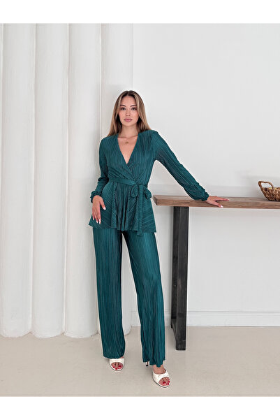 verabelle Pleated Satin Padded Stylish Double Breasted Suit