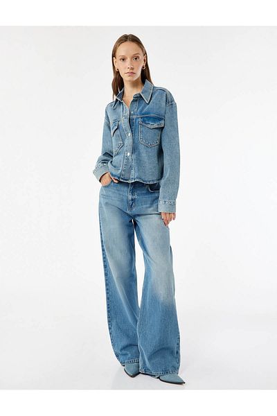 Koton Classic Collar Buttoned Pocket Stoned Denim Light Indigo Women's Jacket 6Wal50005Md