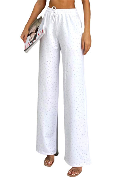 FashionForYou Emma casual pants, with applied crystals and wide leg cut, White