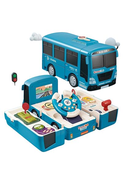 MNS Interactive school bus with steering wheel and driving simulator, educational toy with lights, reali