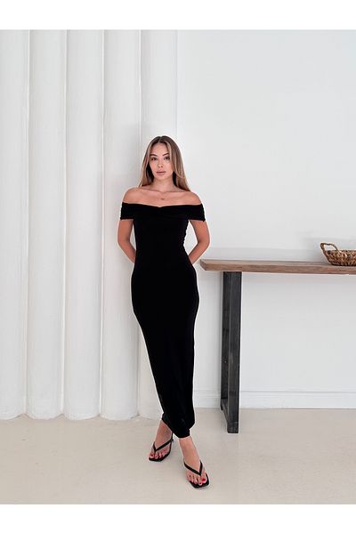 verabelle Sandy Fabric Draped Madonna Collar Slit Women's Midi Dress