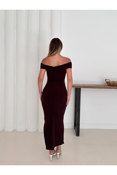 verabelle Sandy Fabric Draped Madonna Collar Slit Women's Midi Dress