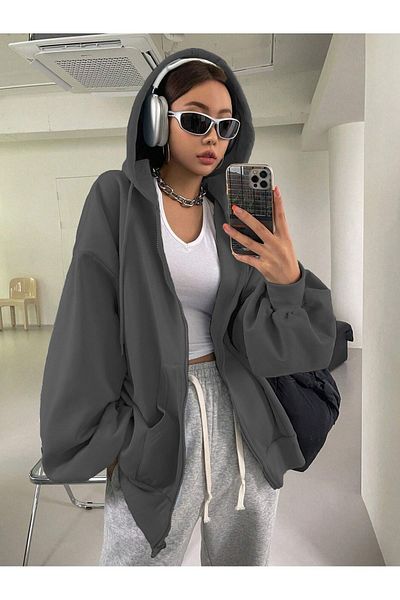 EVIus Balloon Sleeve Zippered Hooded Sweatshirt Cardigan Jacket