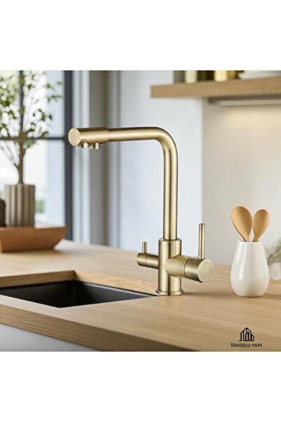 İSAOĞLU YAPI Mat Gold Arıtmalı Batarya Mat Altın Arıtıcılı Evye Musluğu Mat Gold