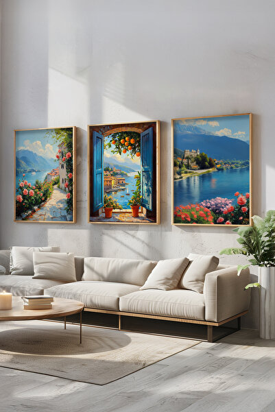 STARYUNA Ahşap Çerçeveli Akdeniz Esintili Yağlıboya Efektli 3'lü Tablo Seti Y...