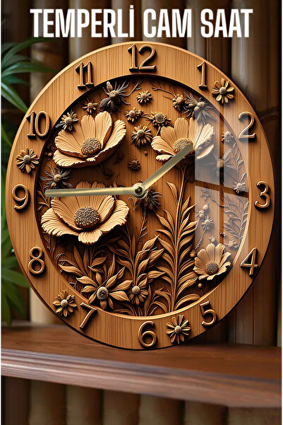 kutuTR Ahşap Görünümlü Çiçek Desenli 3D Görünümlü Temperli Cam Saat – 33 cm C...