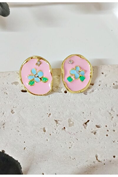 mos&more Pink Enamel Flower Shapeless Gold Earrings