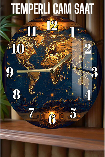 kutuTR Gece Işıltılı Dünya Haritası 3D Görünümlü Temperli Cam Saat – 33 cm CSDW122