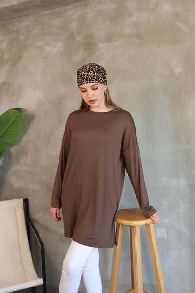 LUQAJ Modest Low Sleeve Brown Oversize Lycra Modal Combed Cotton Hijab Basic Tunic
