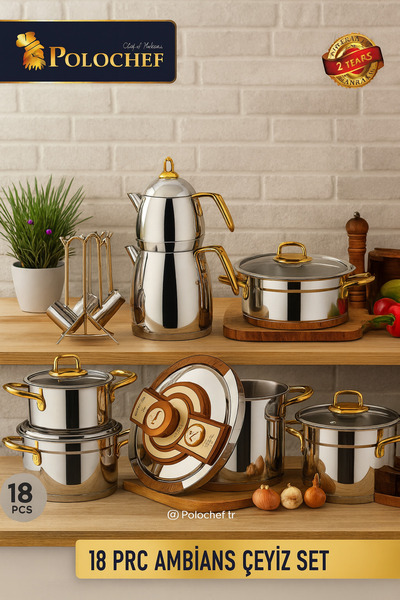 KAMPANYALI Polochef Ambians Series Gold 18 Piece Steel Dowry Set – 304 Stainless Steel, Induction Compatible