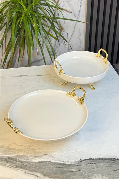 MAY HOME 2-Piece Metal Leg Porcelain Presentation Plate & Appetizer Cake Cookie Serving Plate with Handles