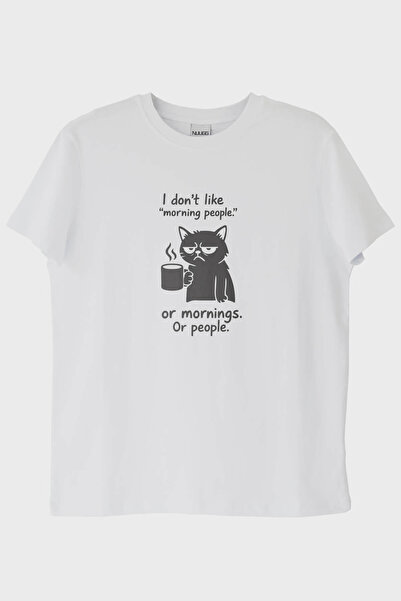 NUUGG لا أحب صباح الناس تي شيرت أبيض على شكل قطة