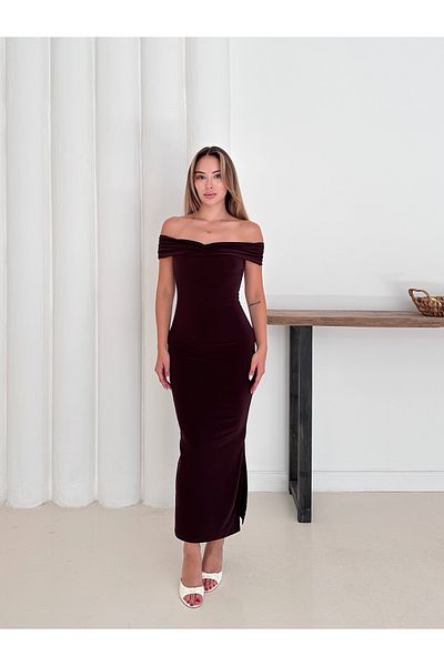 verabelle Sandy Fabric Draped Madonna Collar Slit Women's Midi Dress