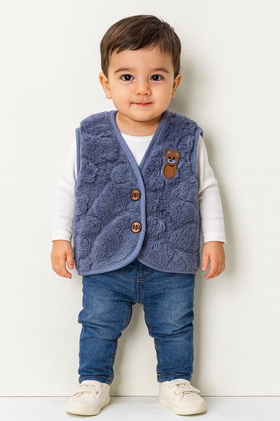 minikiss Plush Welsoft Embossed Fabric Buttoned and Teddy Bear Patterned Baby Kids Vest