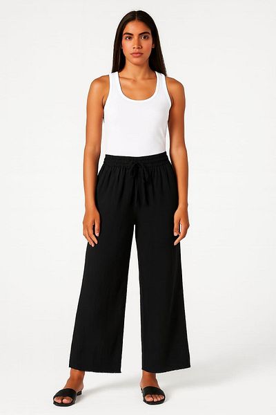 enmodaiçgiyim Black 100% Cotton Muslin Fabric Wide Leg Comfortable Fit Women's Trousers with Two Pockets