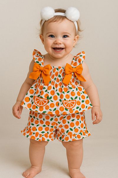Balbadem baby kids Orange and Strawberry Patterned Baby Girl and Child Summer Set 1-5 Years Old