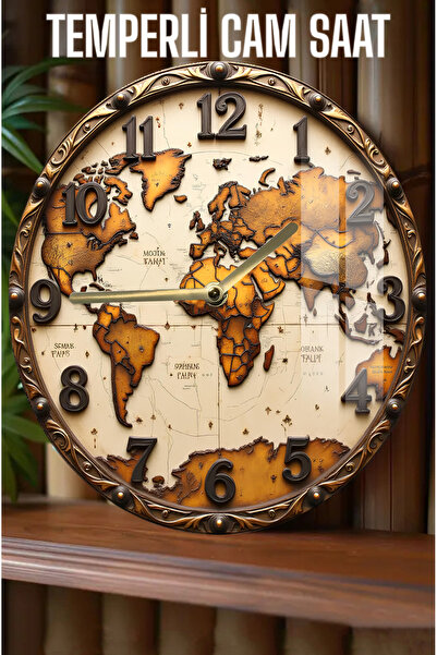 kutuTR Vintage World Map Themed Design 3D Look Tempered Glass Watch – 33 cm Csdw132