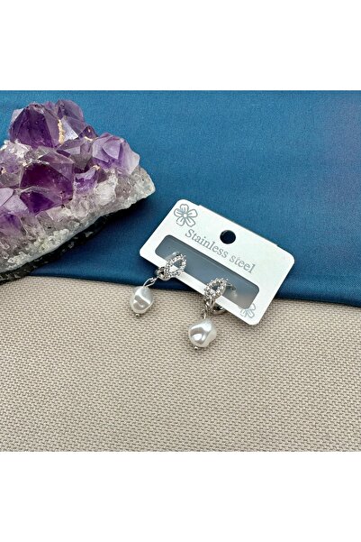 Opia Takı & Aksesuar Steel Zircon Stone Hoop Pearl Earrings