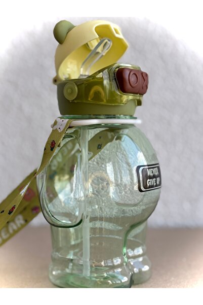 ALİA HOME Green Teddy Bear Figured Children's Water Bottle – 1000 ml Bpa-Free Water Bottle with Straw “Never Give Up”