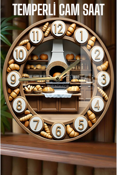 kutuTR Fırın ve Ekmek Temalı Tasarım 3D Görünümlü Temperli Cam Saat – 33 cm CSDW142