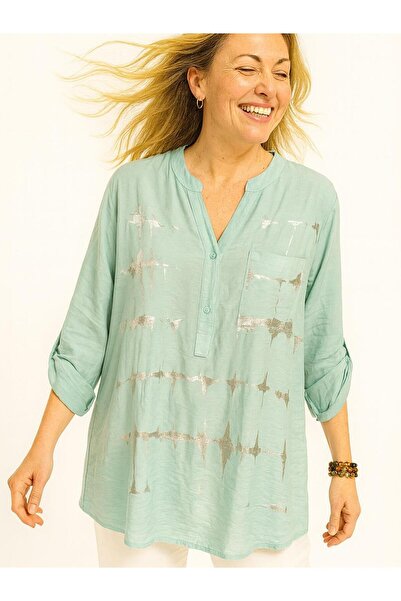 Butik İtalyan Keten Varak Baskılı Bluz - SU YEŞİLİ