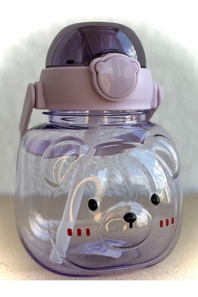 ALİA HOME Purple Teddy Bear Figured Children's Water Bottle – 1000 ml Bpa-Free Plastic Flask with Straw