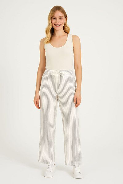 enmodaiçgiyim White Striped 100% Cotton Muslin Fabric Wide Leg Comfortable Fit Women's Trousers with Two Pockets