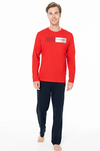 U.S. Polo Assn. طقم بيجامة رجالي، جيوب، قطن 100%، كم طويل، رقبة دائرية، صدر مطبوع بولو