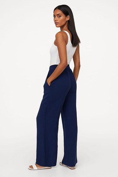 enmodaiçgiyim Navy Blue 100% Cotton Muslin Fabric Wide Leg Comfortable Fit Women's Trousers with Two Pockets