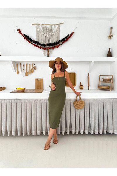 OWWO Women's Khaki Wrinkle Fabric Strap Dress