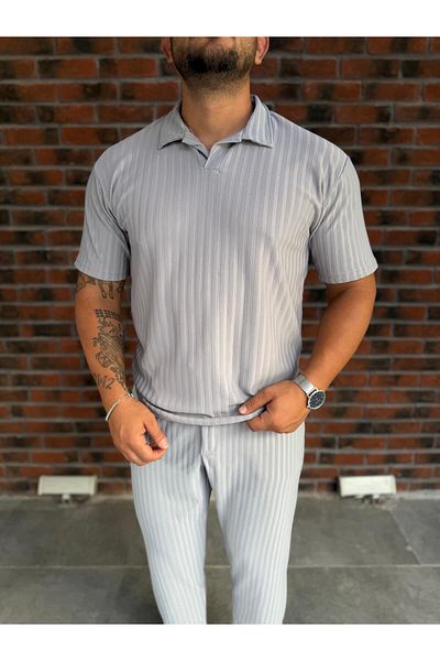Combineman35 Polo Neck Vertical Striped Men's T-Shirt