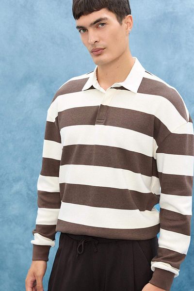 DeFacto Boxy Fit Polo Neck Striped Waffle Sweatshirt E8440Ax25Au
