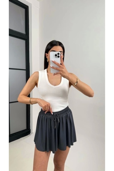 bysoca Pleated Skort with Shorts Inside – Elastic Waist, Lace-Up (Anthracite)