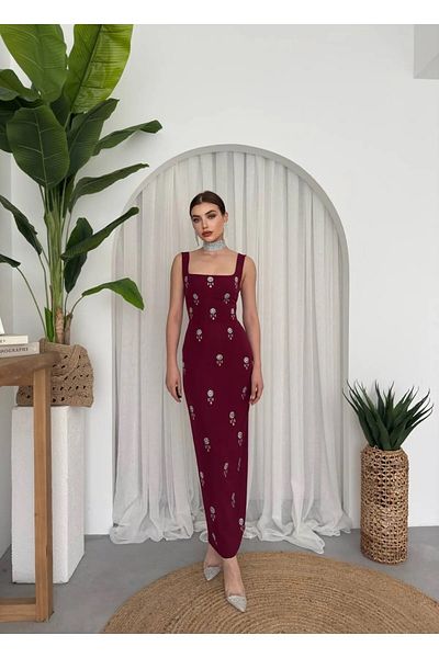 Zoe Zoe Mona Stone Embroidered Thick Strap Midi Dress Black