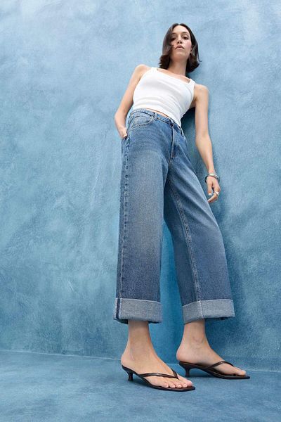 DeFacto Barrel Fit High Waist Folded Leg Jean Washed Pants F7688Ax25Au