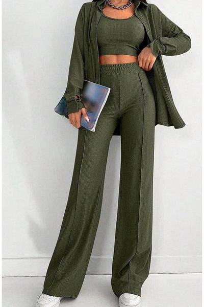 HeviStor Set Three-Piece Combination Shirt Crop Pants Wrap-Around//Stylish Combination