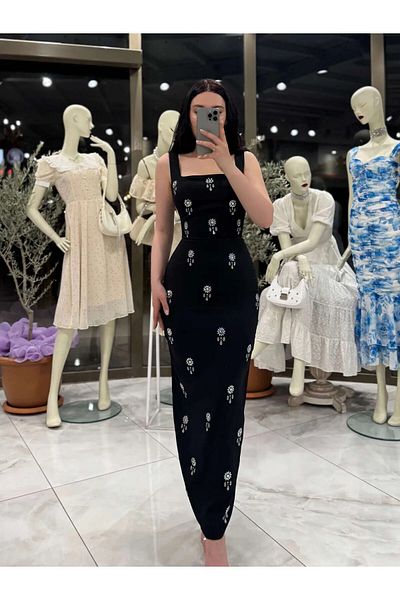 Zoe Zoe Mona Stone Embroidered Thick Strap Midi Dress Black
