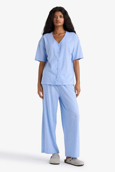 DeFacto Pajama Set Regular Fit V-Neck Button Short Sleeve Top Long Bottom-Fall in Love F7548Ax25Au