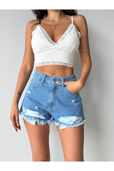 Butik LİKRASIZ ÖN YIRTIK KADIN KOT ŞORT
