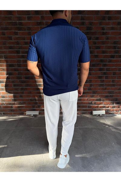 Baycombine35 Men's Striped Polo Neck T-Shirt and Pants Combination