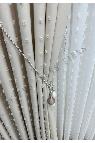 FİENS KREM PUFDY FON PERDE PONPON PÜSKÜLLÜ KETEN 1/3 Sık Ütüistemez Brocol Hediyeli Tercih Edilen (TEK)