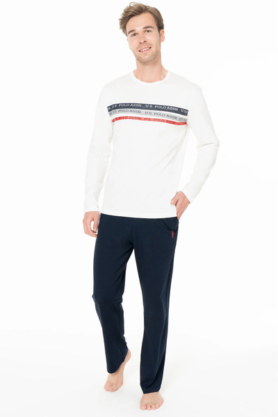 U.S. Polo Assn. Men's Pajamas Set, Pocket, 100% Cotton, Long Sleeve, Crew Neck, Horizontal Polo Print on the Chest