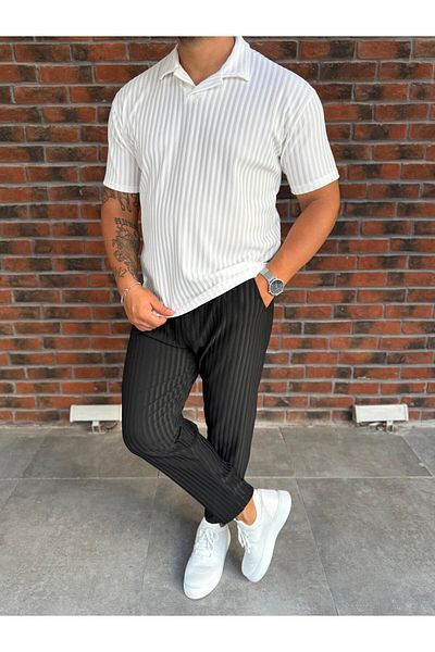 Baycombine35 Men's Striped Polo Neck T-Shirt and Pants Combination