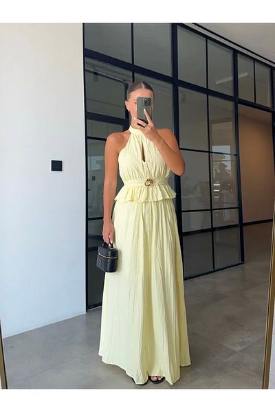 Afiş Butik Yellow Halter Neckline Gold Detailed Blouse Skirt